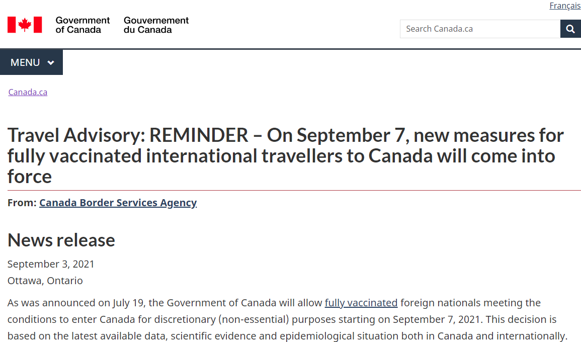 加拿大政府官方确认！9月7日起正式开放国际旅客入境！